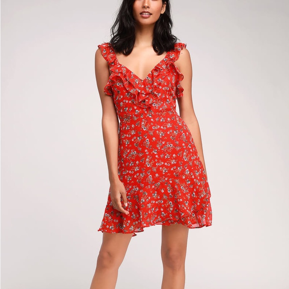 Spring Dream Red Floral Print Ruffled Skater Dress - Size Medium